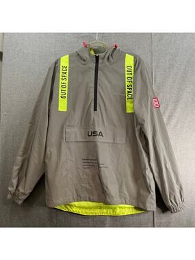 Windbreaker Gray Jacket Adult Size Medium Pullover Longsleeve Hood Mens